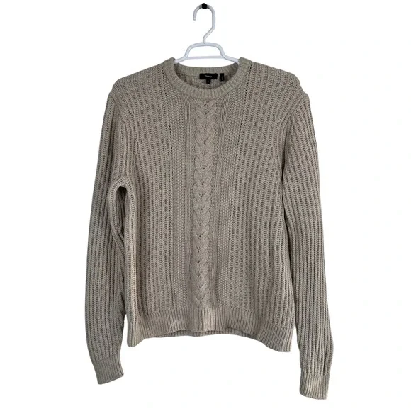 Theory Mens Vilare C Crew Dane Wool Cashmere Cable Knit Sweater Tan XL Fisherman