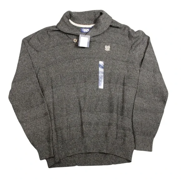 Chaps Mens Shawl Collar Sweater Charcoal Heather Grey Button Neck Crest Logo‎ L
