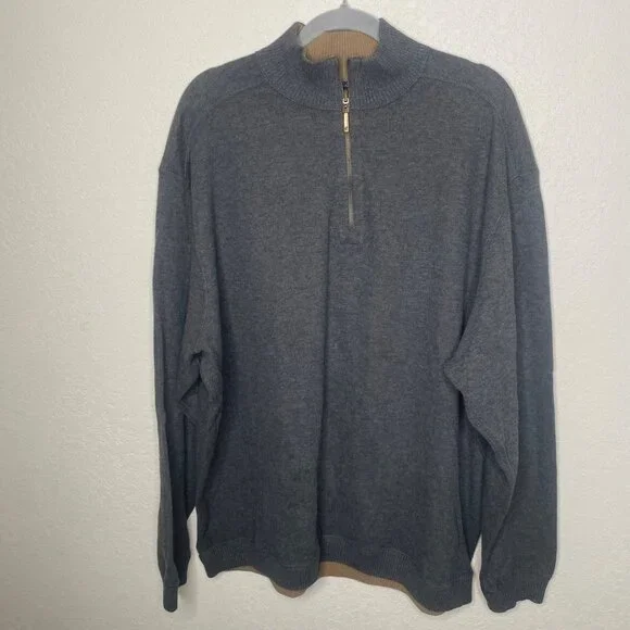 Caribbean Joe Quarter-Zip Sweater Mens XXL Gray 100% Cotton Preppy Pullover Goin