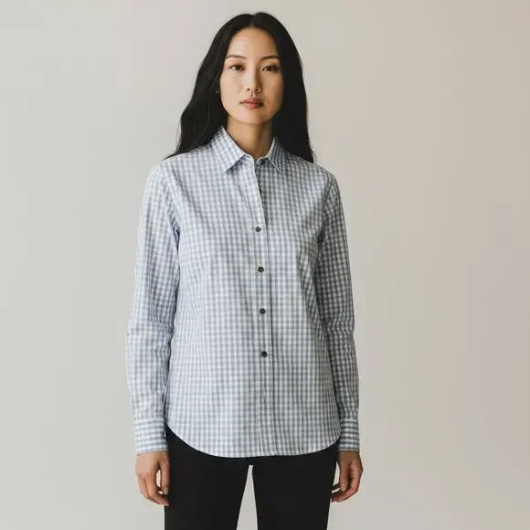 Lafayette 148 New York Poplin Button Up Shirt Blue Gingham Check Size XS FLAW