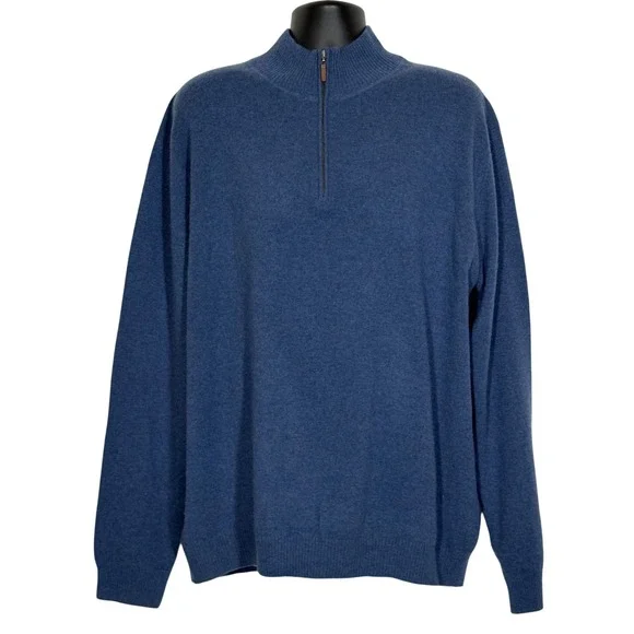 John W Nordstrom Men's XXL Tall Cashmere Quarter Zip Sweater Blue Heather