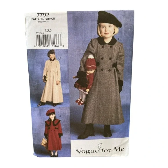 Vogue 7792 Girls' Coat & Hat Sewing Pattern Sizes 4-6 Vintage