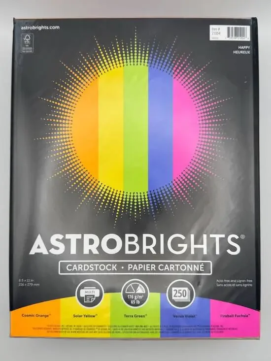 Astrobrights Happy Cardstock 8.5x11 65 lb 250 Sheets 5 Assorted Colors 21004 New