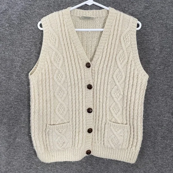 Blarney‎ Woollen Mills Sweater Vest Mens Medium White Wool Aran Handknit Pockets