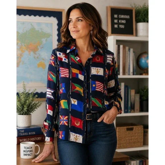 Vintage 90s Liz Claiborne Wm's 8 Country Flags Blouse Teacher Novelty Nautical