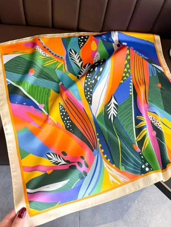 Silk-feel Vibrant Tropical Print Scarf - Multicolor