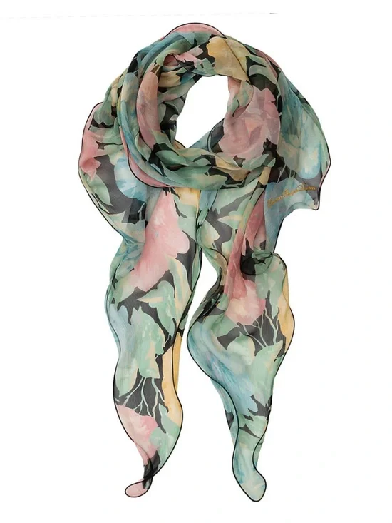 Lauren Ralph Lauren Silk Spring Floral Wavy Wrap Scarf Colorful Hand Rolled Hem