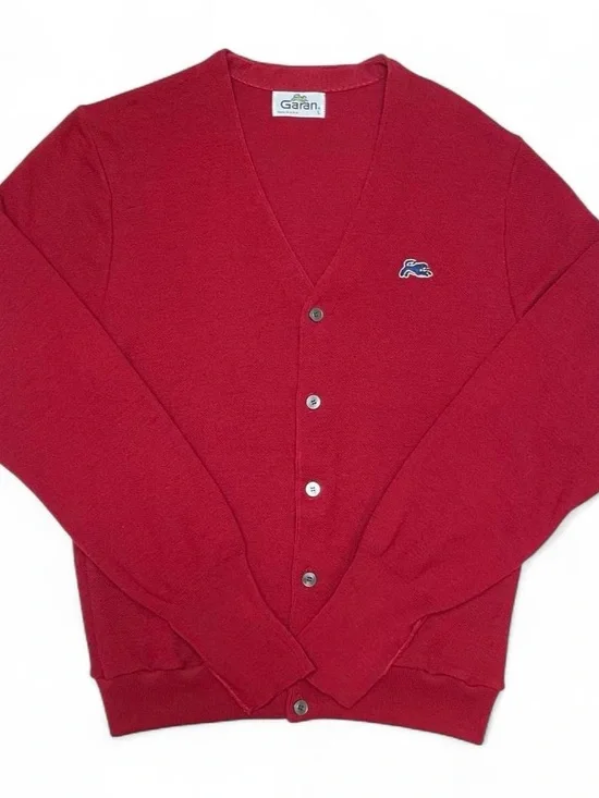 Vintage 70s-80s Garan Men’s Red Retro Knit Izod Lacoste Cardigan USA L Preppy
