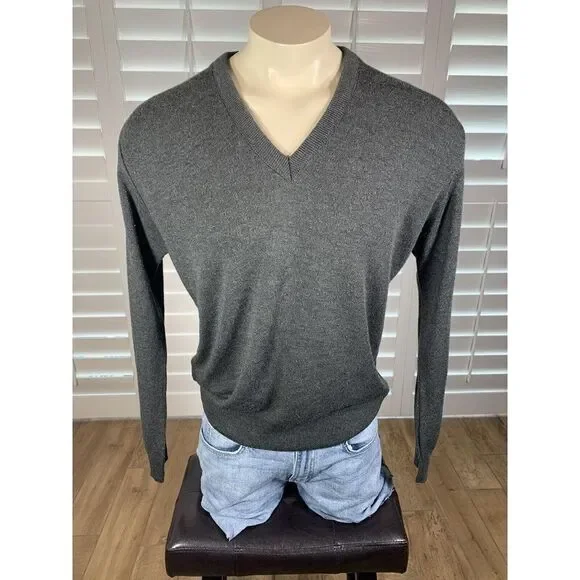 VTG 80s Jantzen Gray V-Neck Sweater Adult Large USA Made Lightweight Grandpa