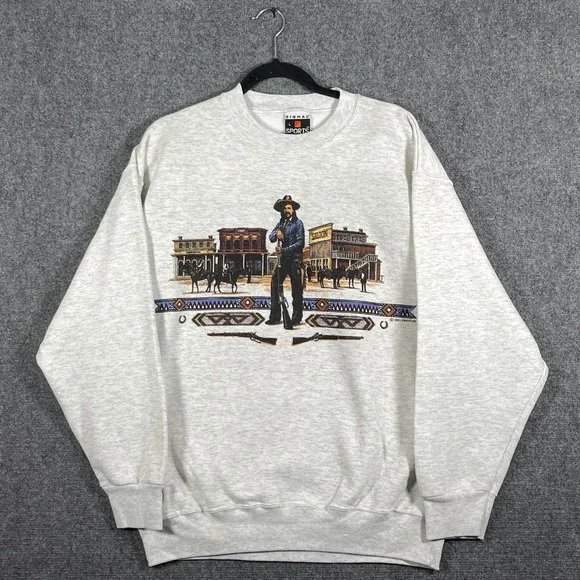 Vintage 90s Signal Sports Cowboy Wild West Town Sweatshirt Light Gray Size Large