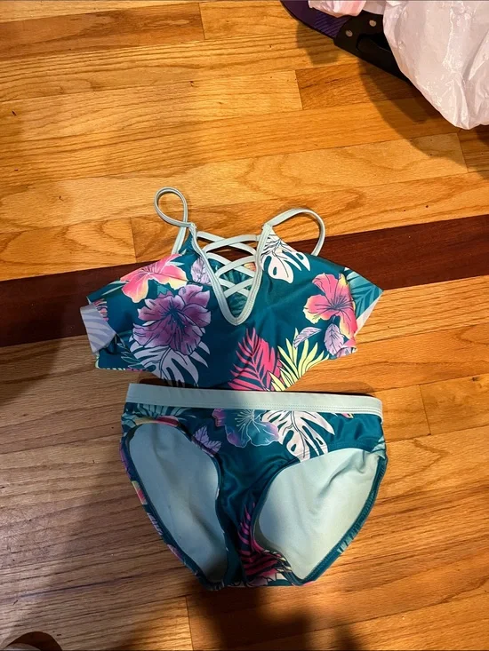 Girls Teal Tropical Floral Two-Piece Swim Set