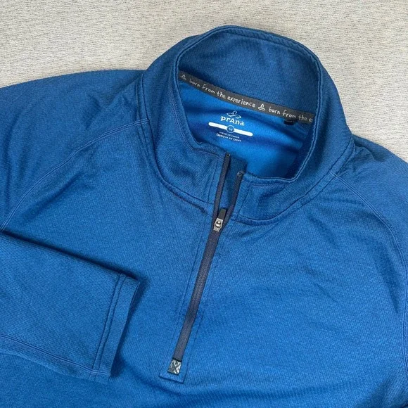 Prana 1/4 Zip Pullover Mens M‎ Blue Textured Grid Fleece Jacket Outdoors Hiking