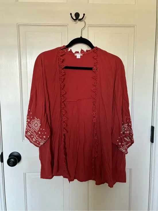 Xhilaration Brick Red Open-Front Embroidered Tunic