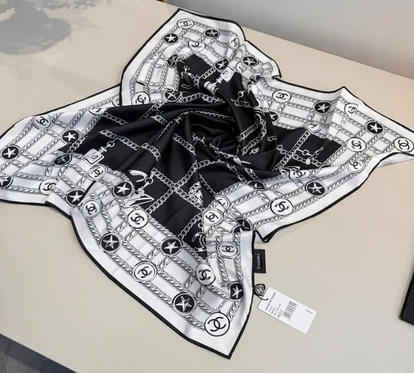 Chanel Chain & CC Logo Silk Scarf (Black & White)