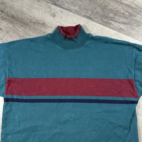 VNTG 80s LL Bean Large Green Blue‎ Knit Sweater  Pullover Mock Neck Made In USA