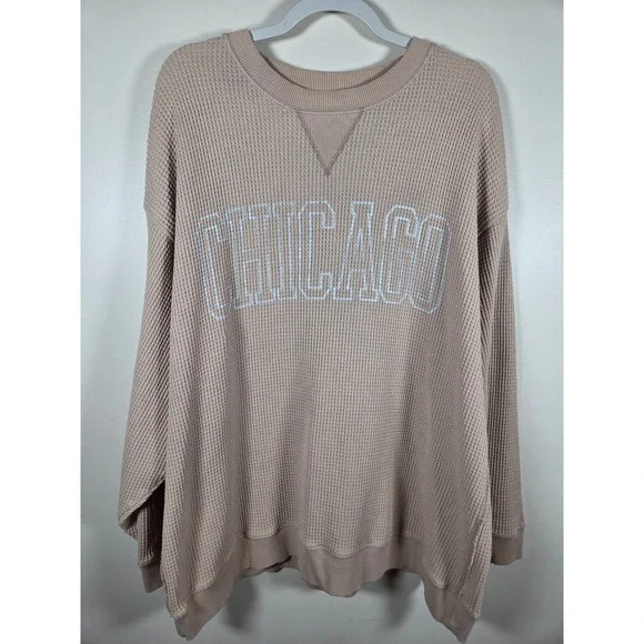 Aerie Chicago Waffle Knit Pullover W XXL Tan Oversized Graphic Cozy Sweatshirt