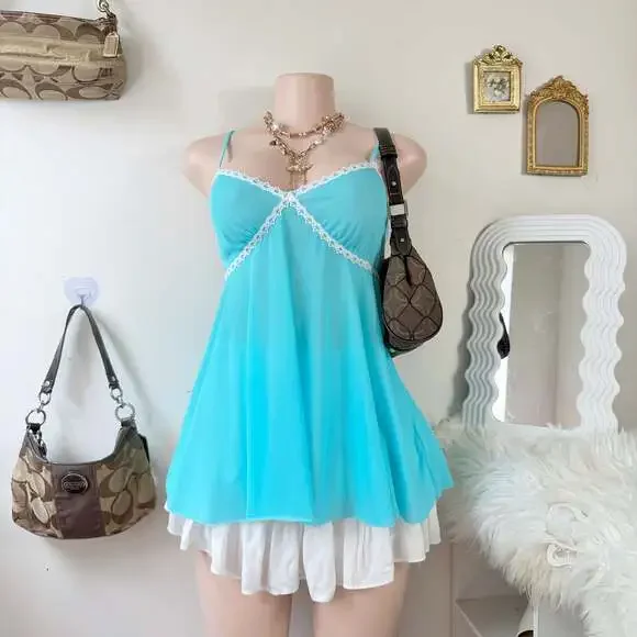 Vintage Sheer Lace-Trimmed Babydoll Cami Top