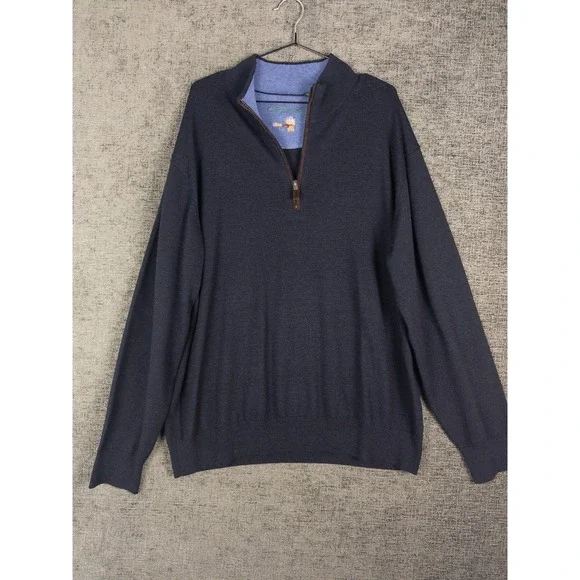 Orvis Pullover Sweater Mens XL Navy Knit‎ 100% Merino Wool Q Zip Casual