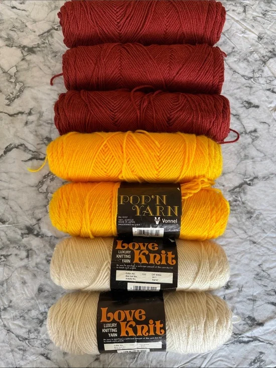 Yarn Bundle, Bright Yellow, Deep Brownish Red & Off White. 7 Skein Bundle.