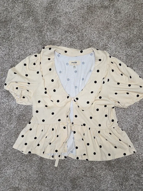 Anthropologie Cream Blouse with Black Polka Dots and Peplum