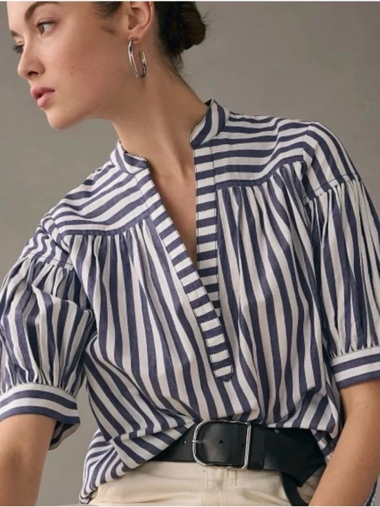 Anthropologie Darcey Navy&White Striped V-Neck Puff Sleeve Top MEDIUM
