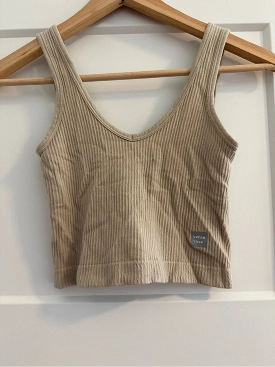 Cream Yoga Ribbed V-Neck Crop Tank - Cream