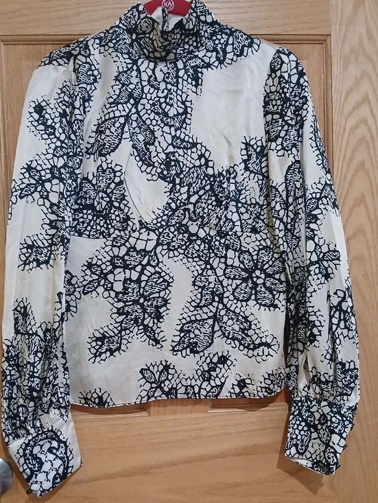 Anthropologie  Black & Cream Printed Long-Sleeve High-Neck Blouse
