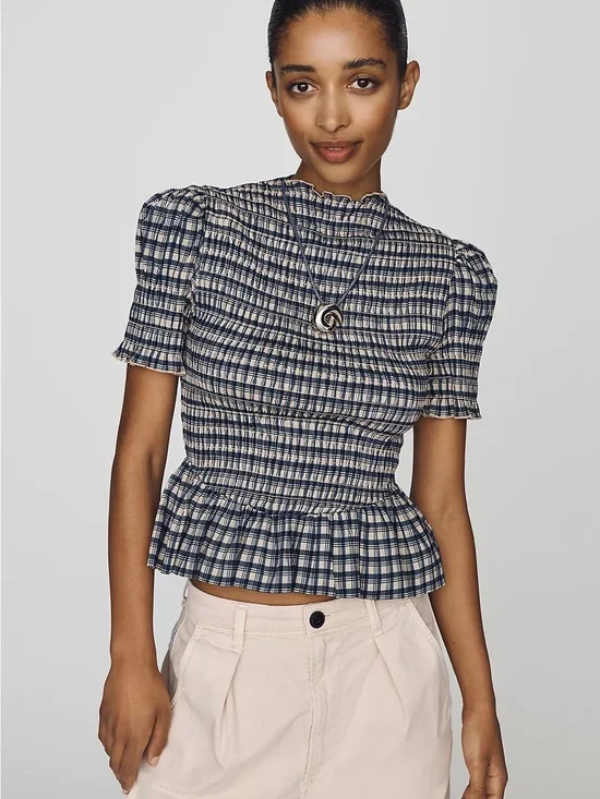 Reformation Navy and White Smocked Plaid Peplum Top