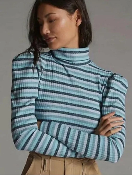 Maeve Anthropologie Puff Sleeve Blue Striped Turtleneck Pullover Top Sz Medium