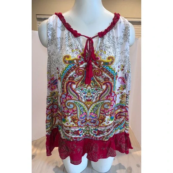 Bila Womens Large Boho Paisley Sleeveless Tassel Tie Neck Ruffle Hem Rayon Top