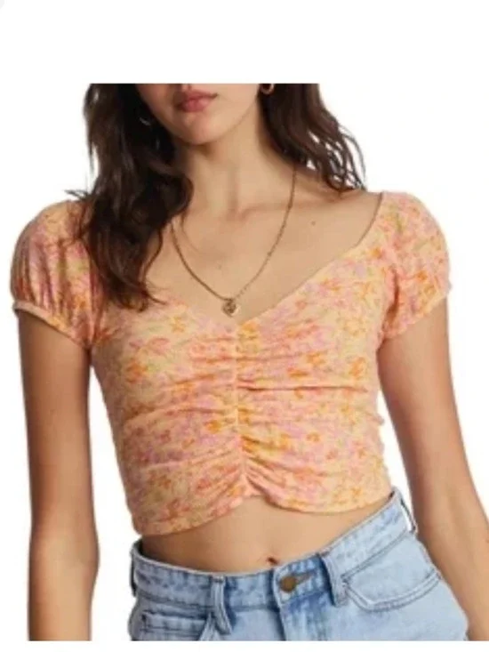 Billabong Floral Ruched Crop Top – Smocked Stretch – Cottagecore Y2K Vibes