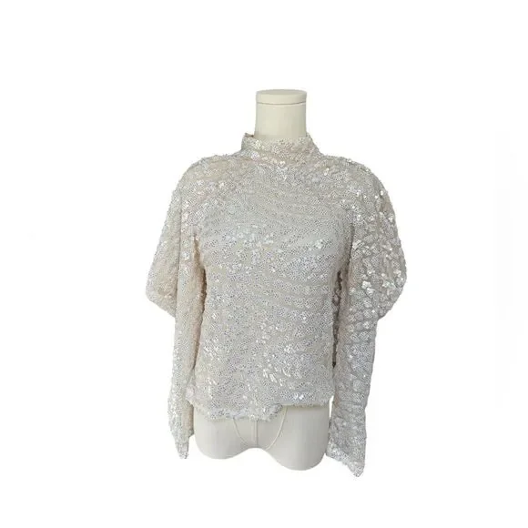 Zara Sheer Sequin Mock Neck Top | Clean Girl Minimal Glam S