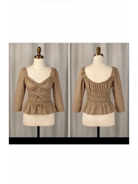 Reformation Brown Gingham Smocked Peplum Top