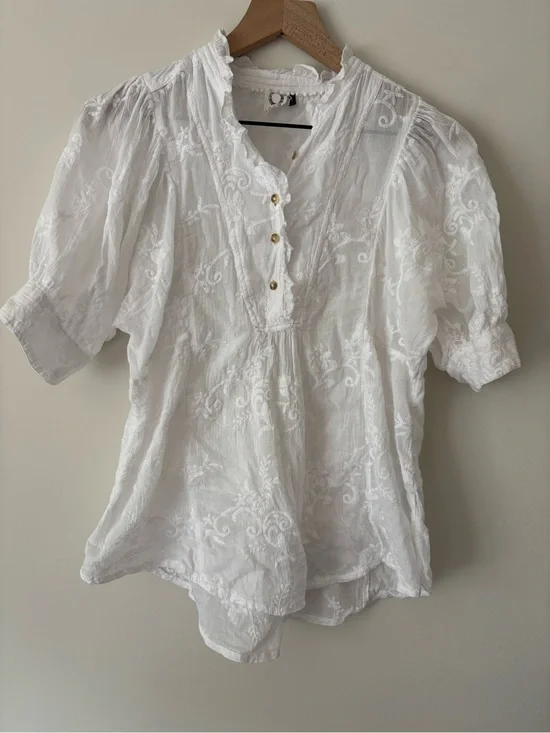 Anthropologie White Embroidered Peasant Blouse