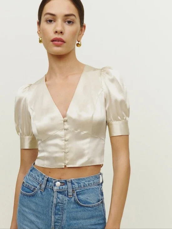 Reformation Mendez Silk Top Cream Short Sleeve Button Crop Blouse 4 Champagne