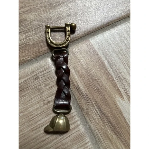 Brass Stirrup Riding Helmet Key‎ ring Braided Lariat Keychain Leather Horse POLO