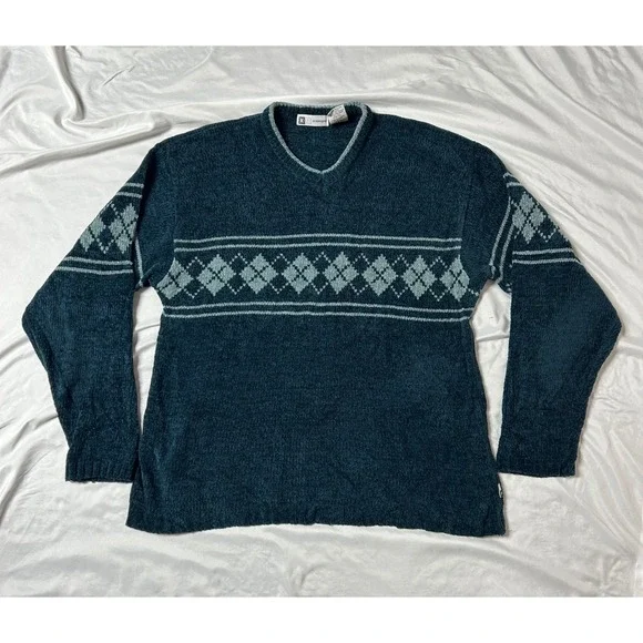 Xtremegear Mens Teal Chenille Argyle V-Neck Sweater Vintage Style Knit Nordic L
