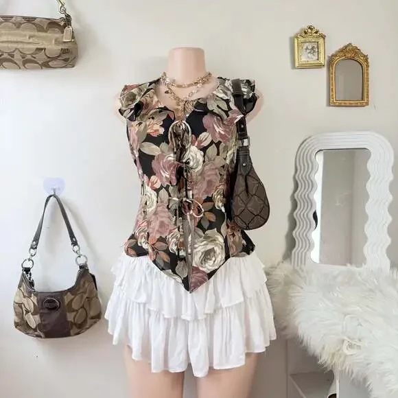 Y2K Floral Print Sleeveless Tie-Front Top