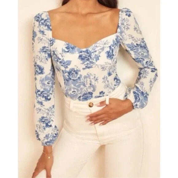 Reformation Reign Top Blue Floral Pattern Sz 6 Sweetheart Cottagecore Coquette