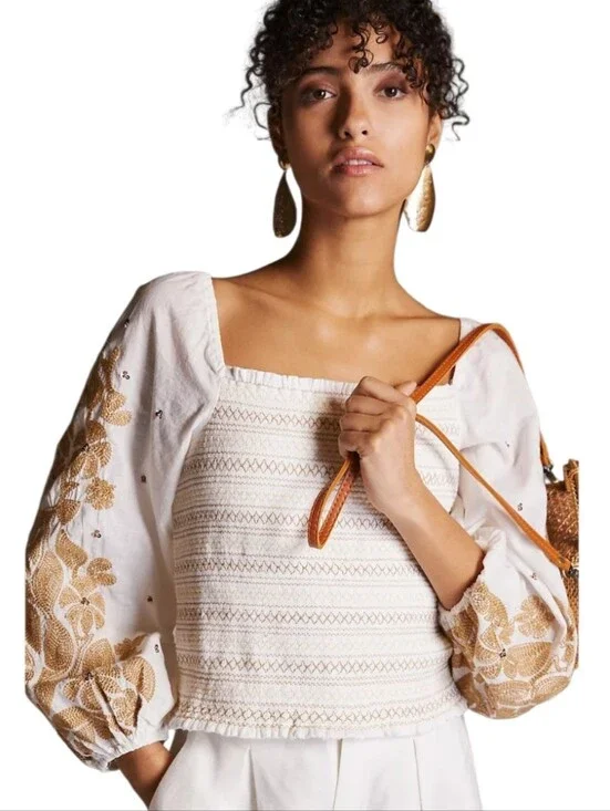 By Anthropologie Smocked Embroidered Square-Neck Blouse Size XS