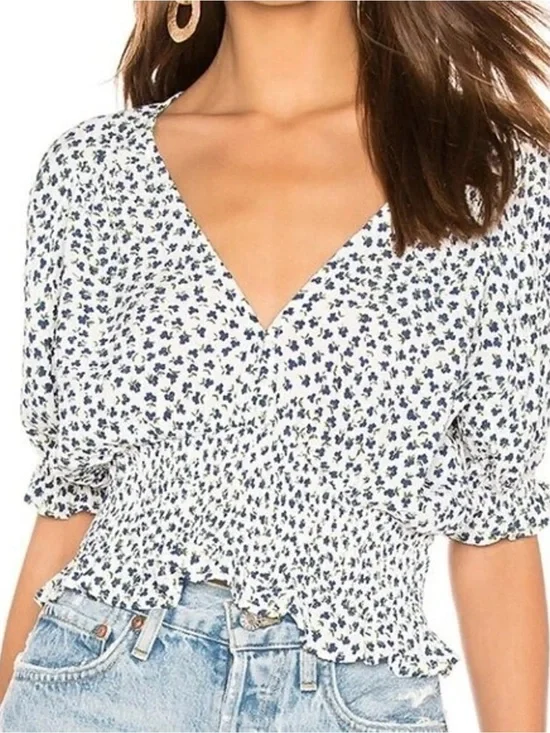 Faithfull the Brand White Top with Navy Floral Print