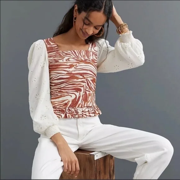 Anthropologie Love the Label Smocked Puff Sleeve Eyelet Blouse Size S‎