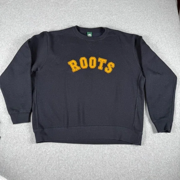 Roots 1973 Crewneck Sweatshirt L Black Gold Varsity Logo Embroidered Y2K 2003