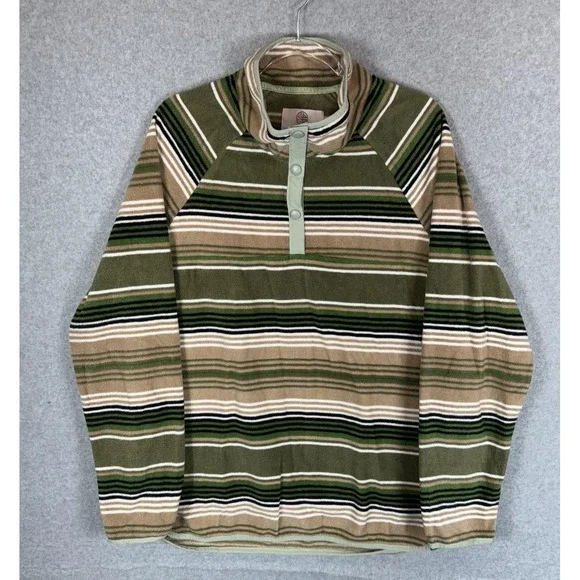 44 Degrees North Pullover Sweater Mens 2XL Green Brown Striped Fleece Outdoors