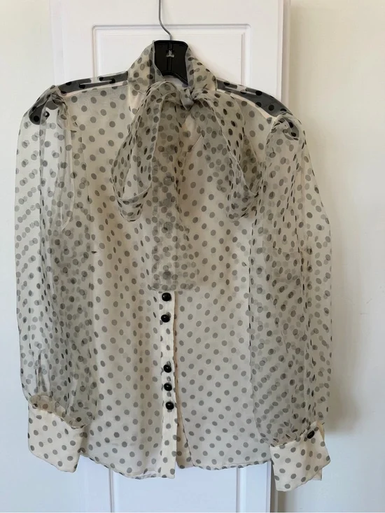 Zara Sheer Polka Dot Bow Tie Blouse - Black Dots on Cream