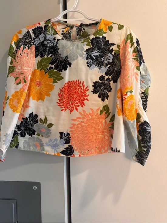 Zara Floral Puff-Sleeve Blouse - White with Pink, Orange, Black & Green