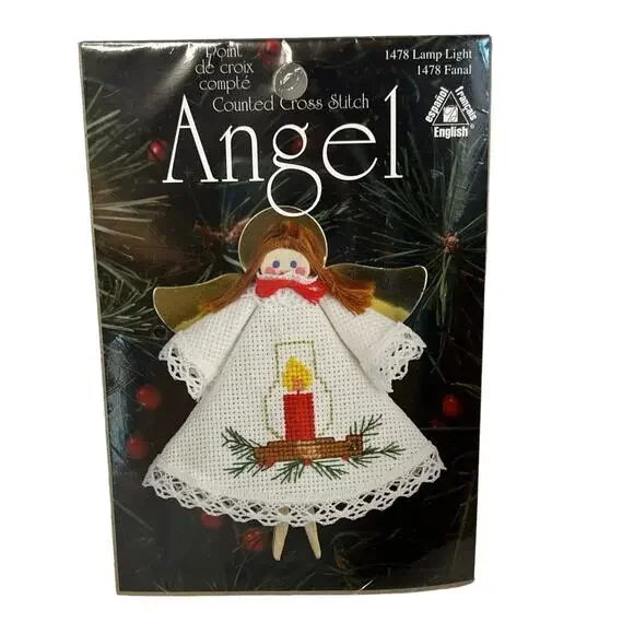 Point De Croix Counted Cross Stitch Angel Lamp Light Christmas Tree Ornament Kit