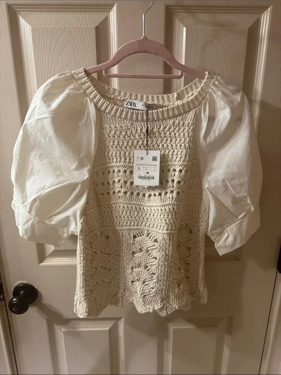 Zara Cream Crochet Puff-Sleeve Knit Top