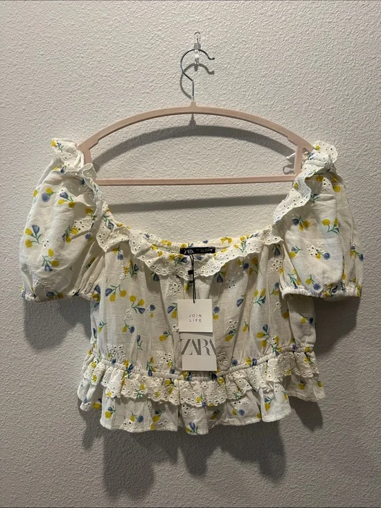 NWT-ZARA Cream Eyelet Lemon-Print Peasant Blouse