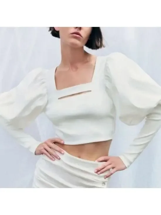 NWT Zara Ballon Sleeve Cropped Blouse, Size M